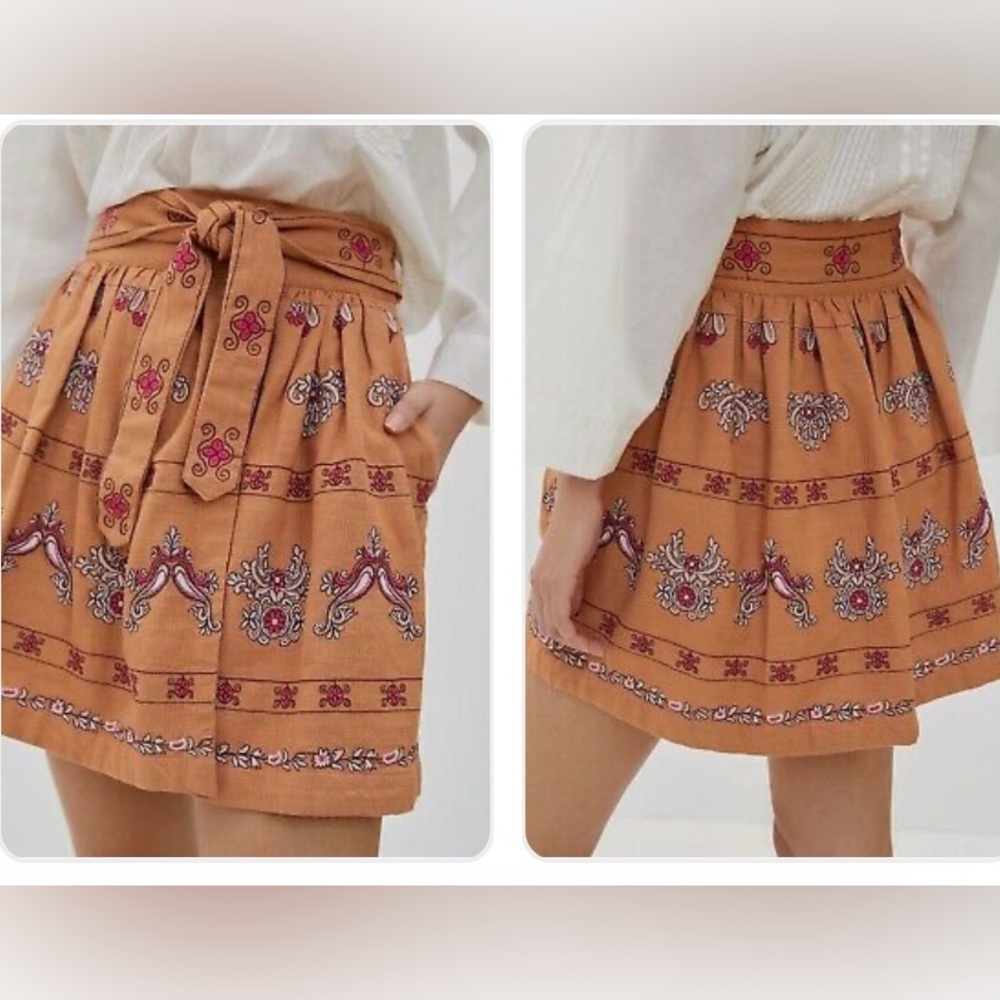 Anthropologie Rust Orange Embroidered Mini Skirt